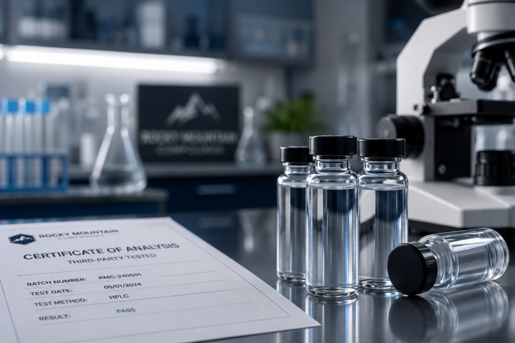 Rocky Mountain Compounds lab vials and certificate of analysis